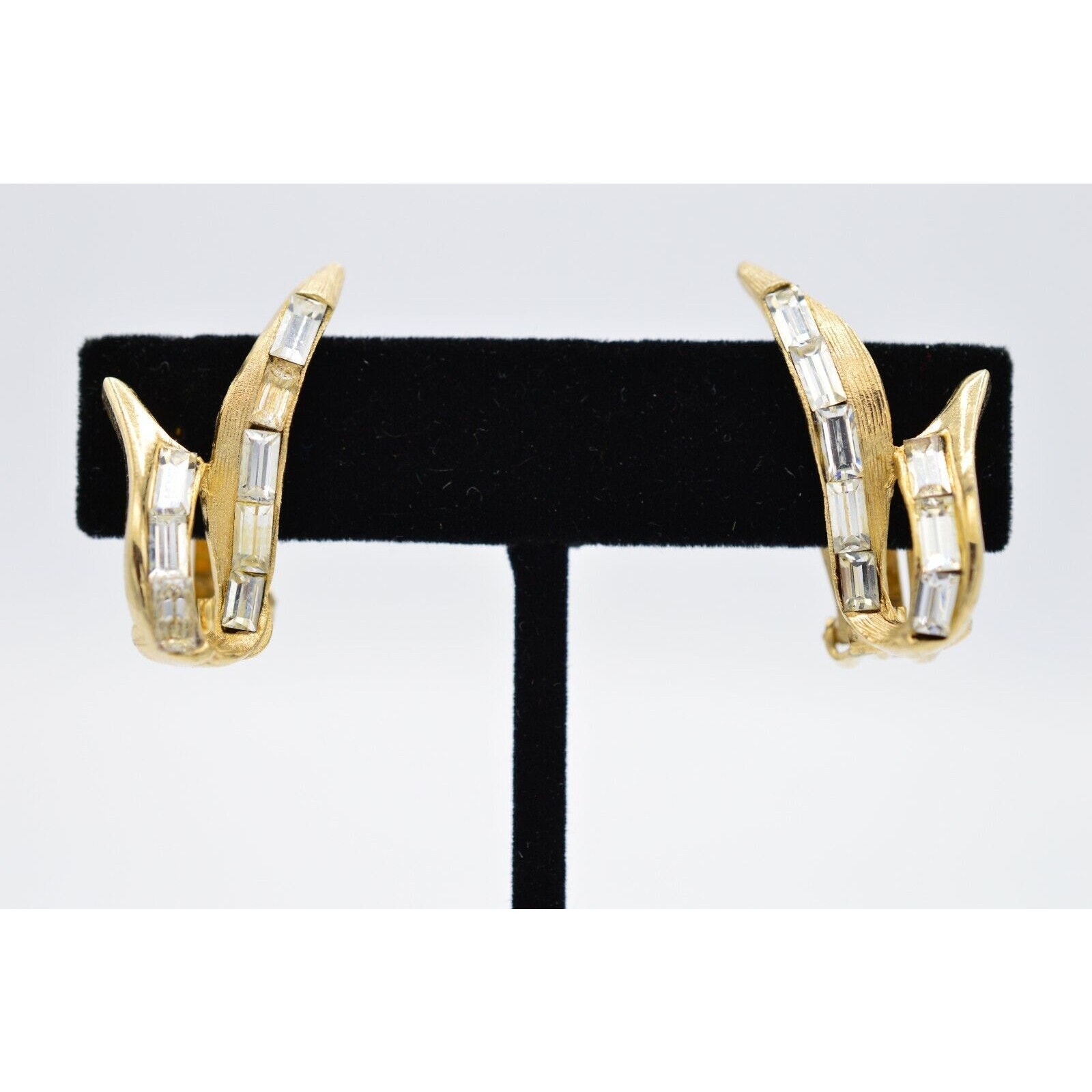 Pell Vintage Crystal Clip On Earrings Baguette Rhinestone Gold Signed As Is Binc